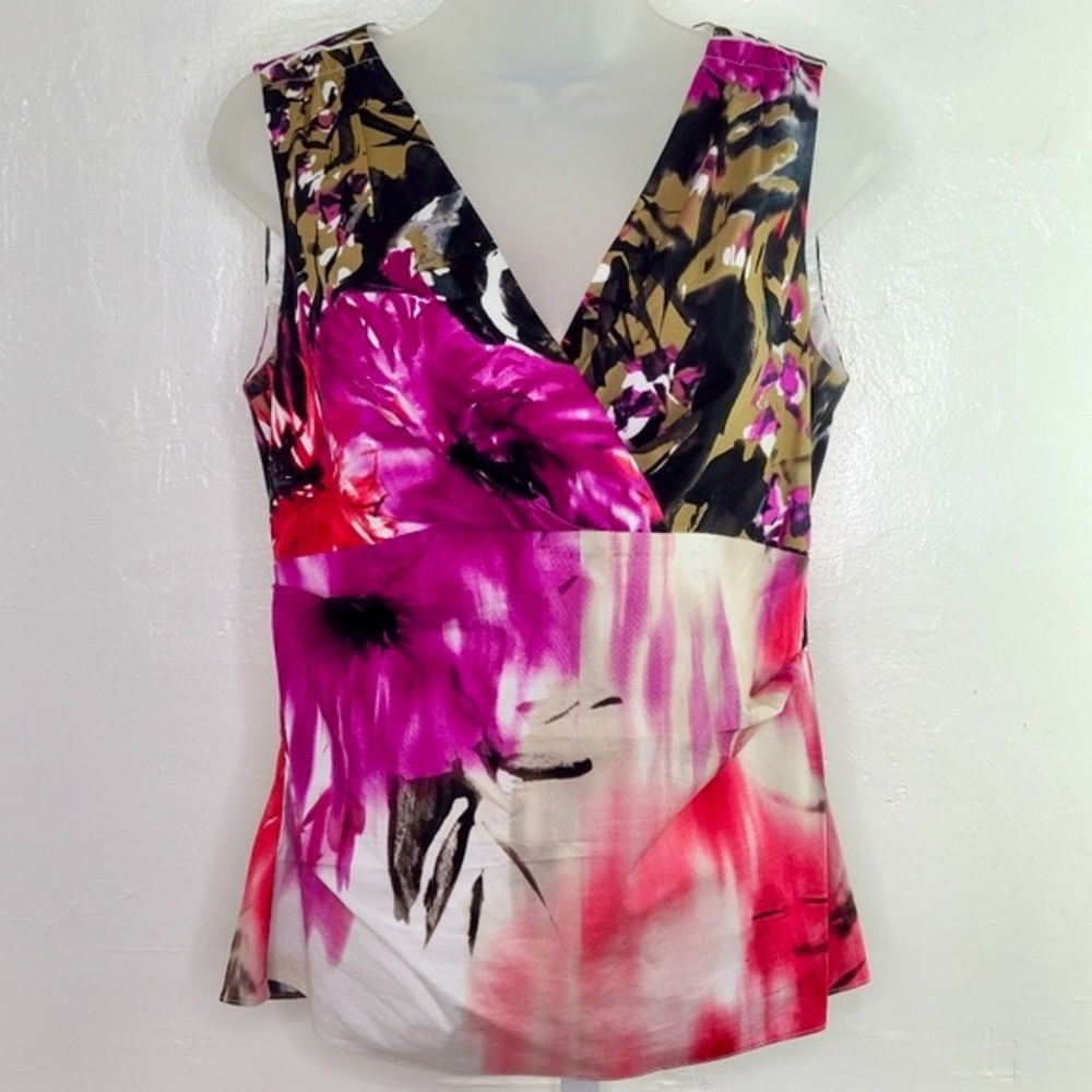Tahari Floral Pink V-Neck Sleeveless Blouse | S